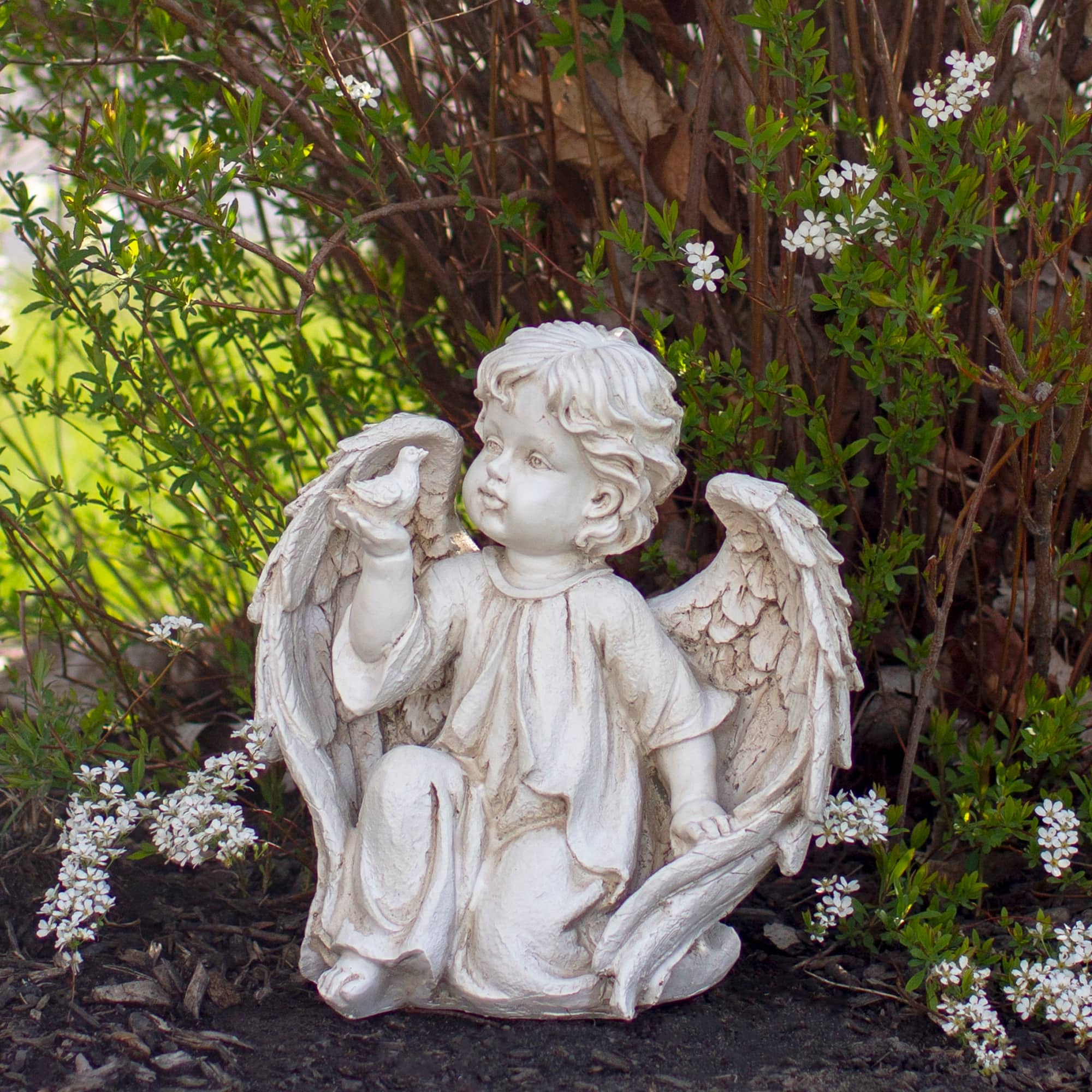 10" Ivory Angel Boy on Knee with Bird Outdoor Garden Statue Bed Bath